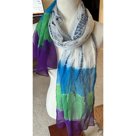 Vintage Peace of Cake Tie Dye Sheer Rectangle Neck Scarf Purple Green Blue - Picture 8 of 8